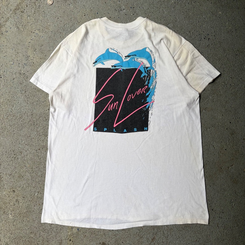 Vintage Stedman Sun Lover Splash Dolphin Graphic T-Shirt White XL Made in USA
